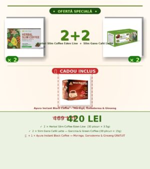 Pachet 2+2 Slim — Herbal Slim Coffee + Slim Gano Café Latte + Ayura Black Coffee CADOU